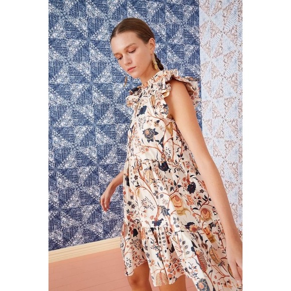 Ulla Johnson Floral Ruffle Tiered Babydoll Mini Dress Cream Blue Ochre - Picture 3 of 16